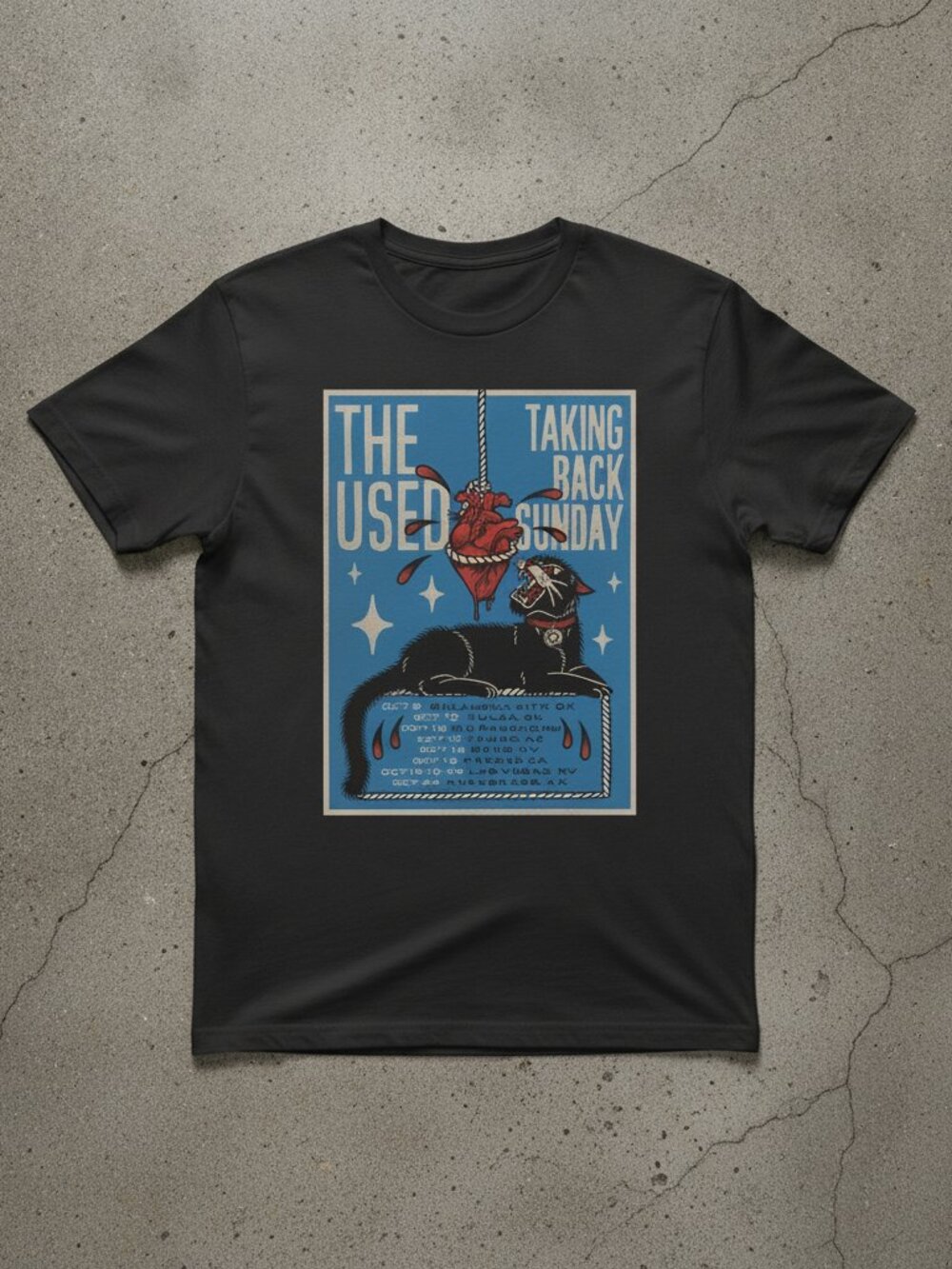 Dark Cat Graphic T-Shirt, Vintage Rock Style Tee, Black Cat & Heart Artwork